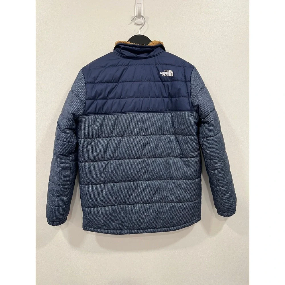 The North Face Puffer Jacket Boys Large Navy Blue Reversible Fleece Brown
